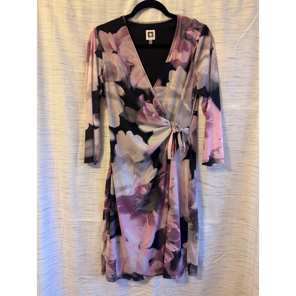 Anne Klein Womens Purple Floral Faux Wrap Dress V-Neck 3/4 Sleeve Size M